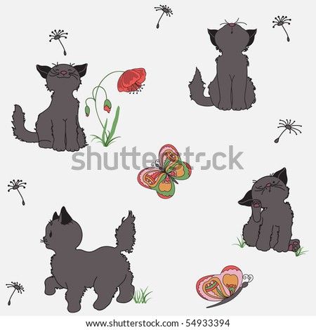 Background pattern with cats and butterfly, vector