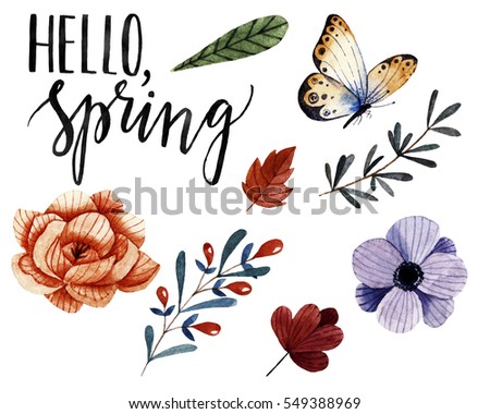 Watercolor clip art set , lettering Hello, Spring. Hand drawn flowers, butterfly, branches with berries.