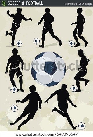 Different poses of soccer action players and ball, vector silhouette. Football design elements for Web. Abstract figure for sport template, eps8