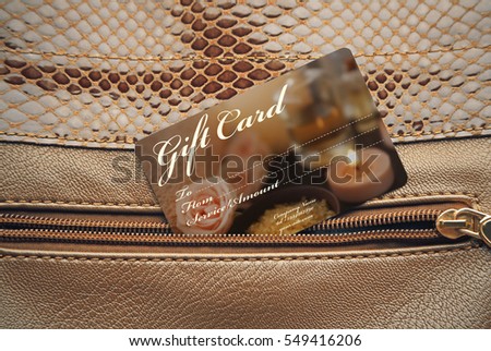 Holiday celebration concept. Spa service gift card in purse pocket