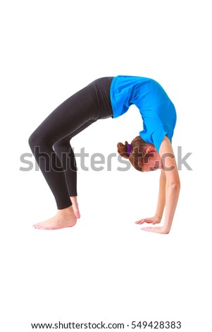 beautiful flexible woman doing yoguna white background