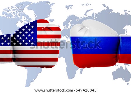 Governments conflict concept. Boxing gloves colored in USA and Russian flags on world map background