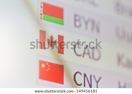 finance, currency and money concept - digital display with exchange rates on screen