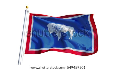 Wyoming (U.S. state) flag waving on white background, close up, isolated with clipping path mask alpha channel transparency, perfect for film, news, composition