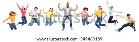 happiness, freedom, motion, diversity and people concept - international group of happy smiling men and women jumping over white background Royalty-Free Stock Photo #549460189