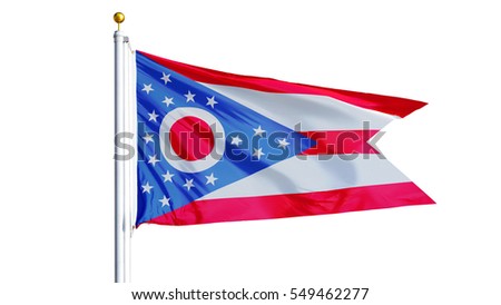 Ohio (U.S. state) flag waving on white background, close up, isolated with clipping path mask alpha channel transparency, perfect for film, news, composition