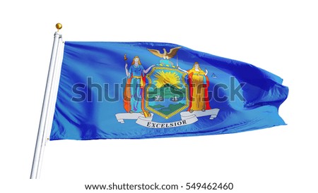 New york (U.S. state) flag waving on white background, close up, isolated with clipping path mask alpha channel transparency, perfect for film, news, composition