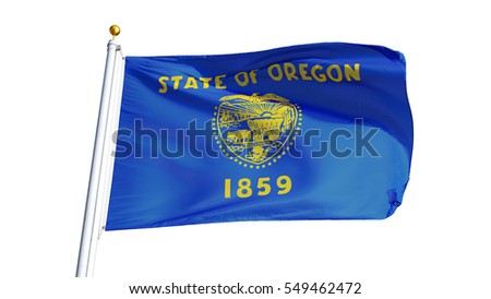 Oregon (U.S. state) flag waving on white background, close up, isolated with clipping path mask alpha channel transparency, perfect for film, news, composition