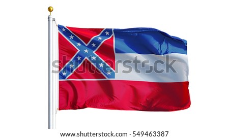Mississippi (U.S. state) flag waving on white background, close up, isolated with clipping path mask alpha channel transparency, perfect for film, news, composition