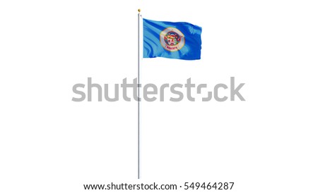 Minnesota (U.S. state) flag waving on white background, long shot, isolated with clipping path mask alpha channel transparency, perfect for film, news, composition