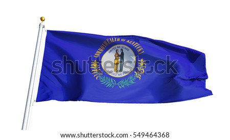 Kentucky (U.S. state) flag waving on white background, close up, isolated with clipping path mask alpha channel transparency, perfect for film, news, composition
