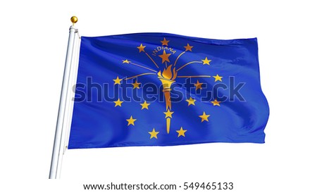 Indiana (U.S. state) flag waving on white background, close up, isolated with clipping path mask alpha channel transparency, perfect for film, news, composition