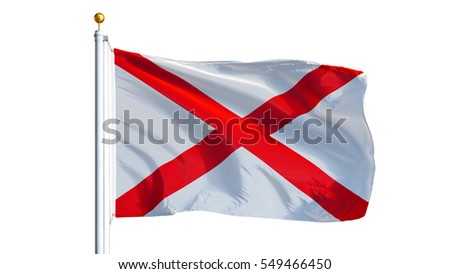 Alabama (U.S. state) flag waving on white background, close up, isolated with clipping path mask alpha channel transparency, perfect for film, news, composition