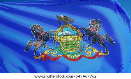 Pennsylvania (U.S. state) flag waving against clear blue sky, close up, isolated with clipping path mask alpha channel transparency, perfect for film, news, composition