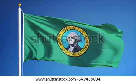 Washington (U.S. state) flag waving against clear blue sky, close up, isolated with clipping path mask alpha channel transparency, perfect for film, news, composition