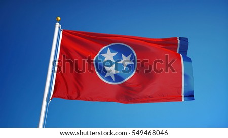 Tennessee (U.S. state) flag waving against clear blue sky, close up, isolated with clipping path mask alpha channel transparency, perfect for film, news, composition