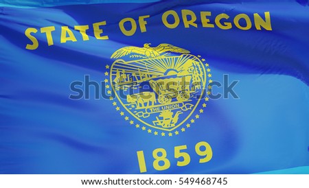 Oregon (U.S. state) flag waving against clear blue sky, close up, isolated with clipping path mask alpha channel transparency, perfect for film, news, composition