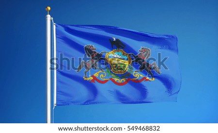 Pennsylvania (U.S. state) flag waving against clear blue sky, close up, isolated with clipping path mask alpha channel transparency, perfect for film, news, composition