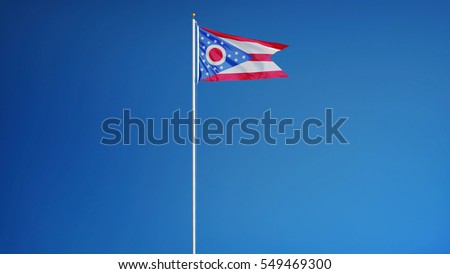 Ohio (U.S. state) flag waving against clear blue sky, long shot, isolated with clipping path mask alpha channel transparency, perfect for film, news, composition