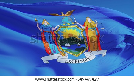 New york (U.S. state) flag waving against clear blue sky, close up, isolated with clipping path mask alpha channel transparency, perfect for film, news, composition