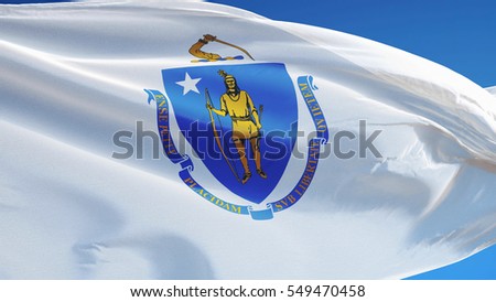 Massachusetts (U.S. state) flag waving against clear blue sky, close up, isolated with clipping path mask alpha channel transparency, perfect for film, news, composition