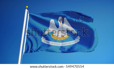 Louisiana (U.S. state) flag waving against clear blue sky, close up, isolated with clipping path mask alpha channel transparency, perfect for film, news, composition