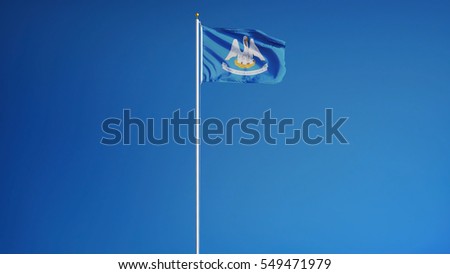 Louisiana (U.S. state) flag waving against clear blue sky, long shot, isolated with clipping path mask alpha channel transparency, perfect for film, news, composition