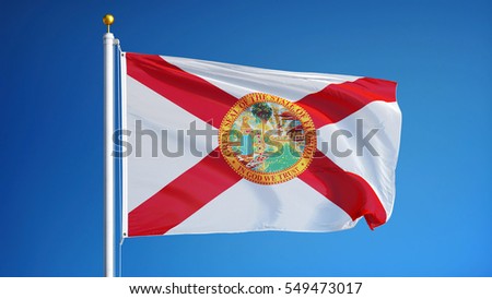 Florida (U.S. state) flag waving against clear blue sky, close up, isolated with clipping path mask alpha channel transparency, perfect for film, news, composition