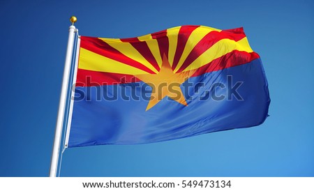 Arizona (U.S. state) flag waving against clear blue sky, close up, isolated with clipping path mask alpha channel transparency, perfect for film, news, composition Royalty-Free Stock Photo #549473134