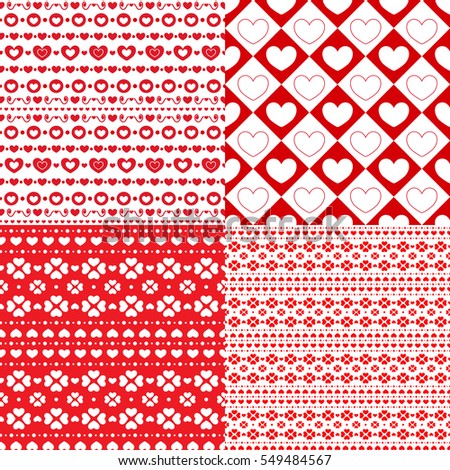 set of patterns with hearts in red and white colors