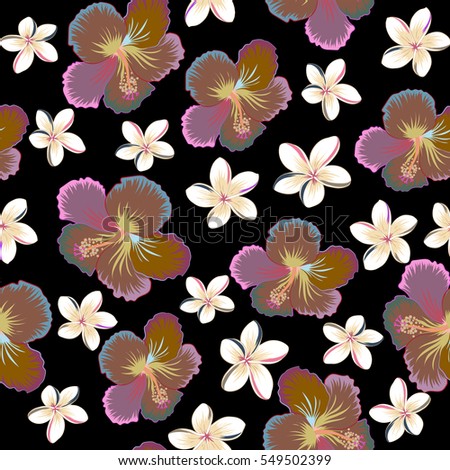Hibiscus flowers on black background in neutral, beige and pink colors.