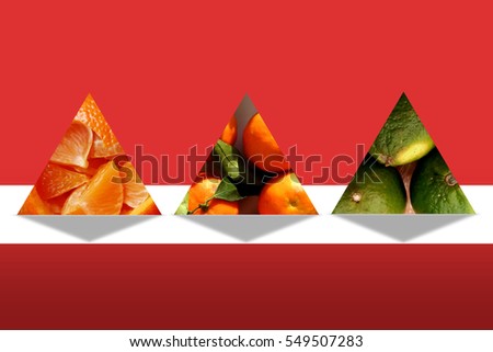 Orange pieces, tangerines and limes inside three triangle shapes with shadow underneath, on red background