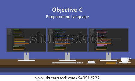 Illustration of Objective-C programming language code displayed on three monitor in a row at programmer workspace