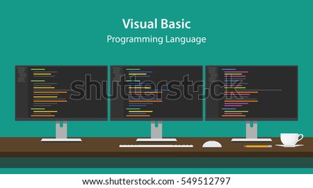 Illustration of Visual Basic programming language code displayed on three monitor in a row at programmer workspace