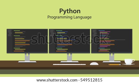 python programming language illustration with program code on three row monitor programmer workspace