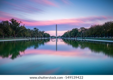 Washington Monument and Lincoln Memorial Reflecting Pool at sunset | Washington, D.C., USA