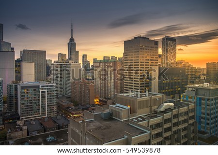 Toronto skylines shot toward South-west during sunset. This shot was taken during the falls of 2016.