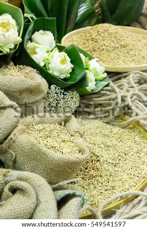 Top view of dry paddy rice in light brown flat wickerwork basket  and textured sack decorated with pile of traditional hemp rope and natural objects such lotus fowers in supermarket display.