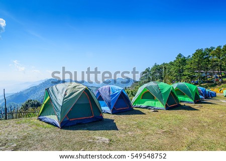 Camping and tent among meadow on hill, Chiang Mai, North of Thailand.