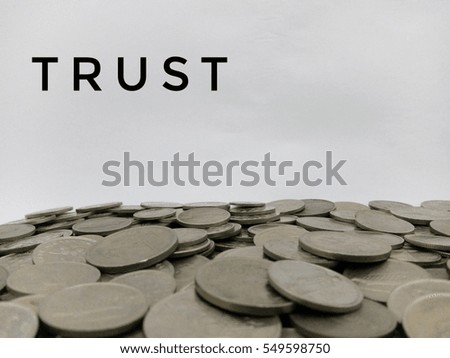 Flat lay design concept - Word Trust with Malaysia coins isolated on the white background  