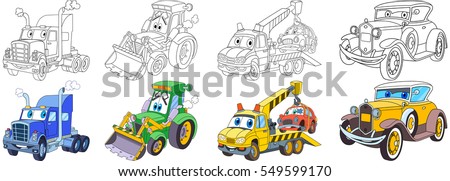 Cartoon transport set. Collection of vehicles. Heavy trailer (lorry), tractor (bulldozer), tow truck (evacuator), luxury retro old car. Coloring book pages for kids.