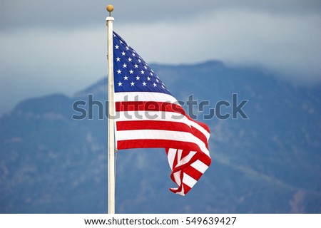American Flag Fluttering on a cool January day in Pasadena, California USA