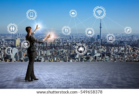 modern cityscape and business person, Internet of Things, Information Communication Technology, abstract image visual Royalty-Free Stock Photo #549658378