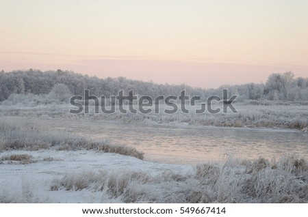 River, sunrise, cold morning and frost