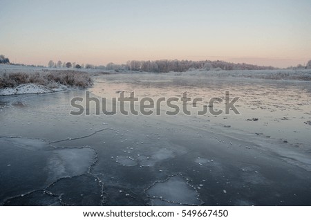 River, sunrise, cold morning and frost