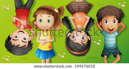 Four kids lying on grass illustration