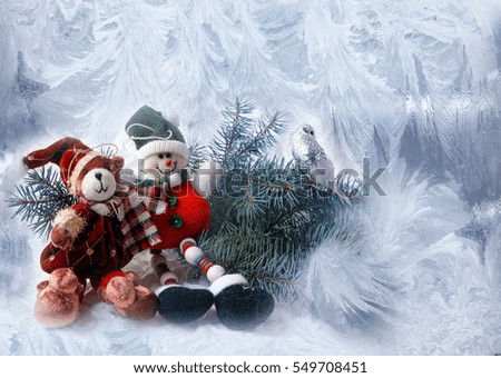 christmas decoration with antique toys. retro style toned pictur 
