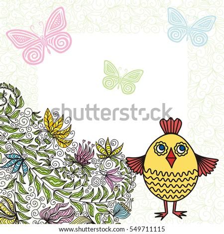 Happy Easter card with beautiful chicken, butterflies and flowers. Vector illustration.