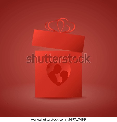 Present on Valentine's Day.  Red gift box with heart. Vector illustration