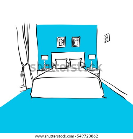 Hotel room double bed frontal, Blue Series, Hand-drawn Vector Artwork